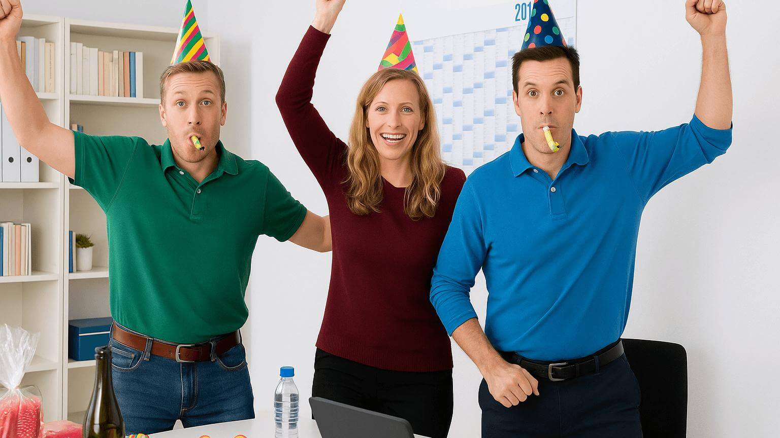 Радостный коллеги на корпоративе в офисе