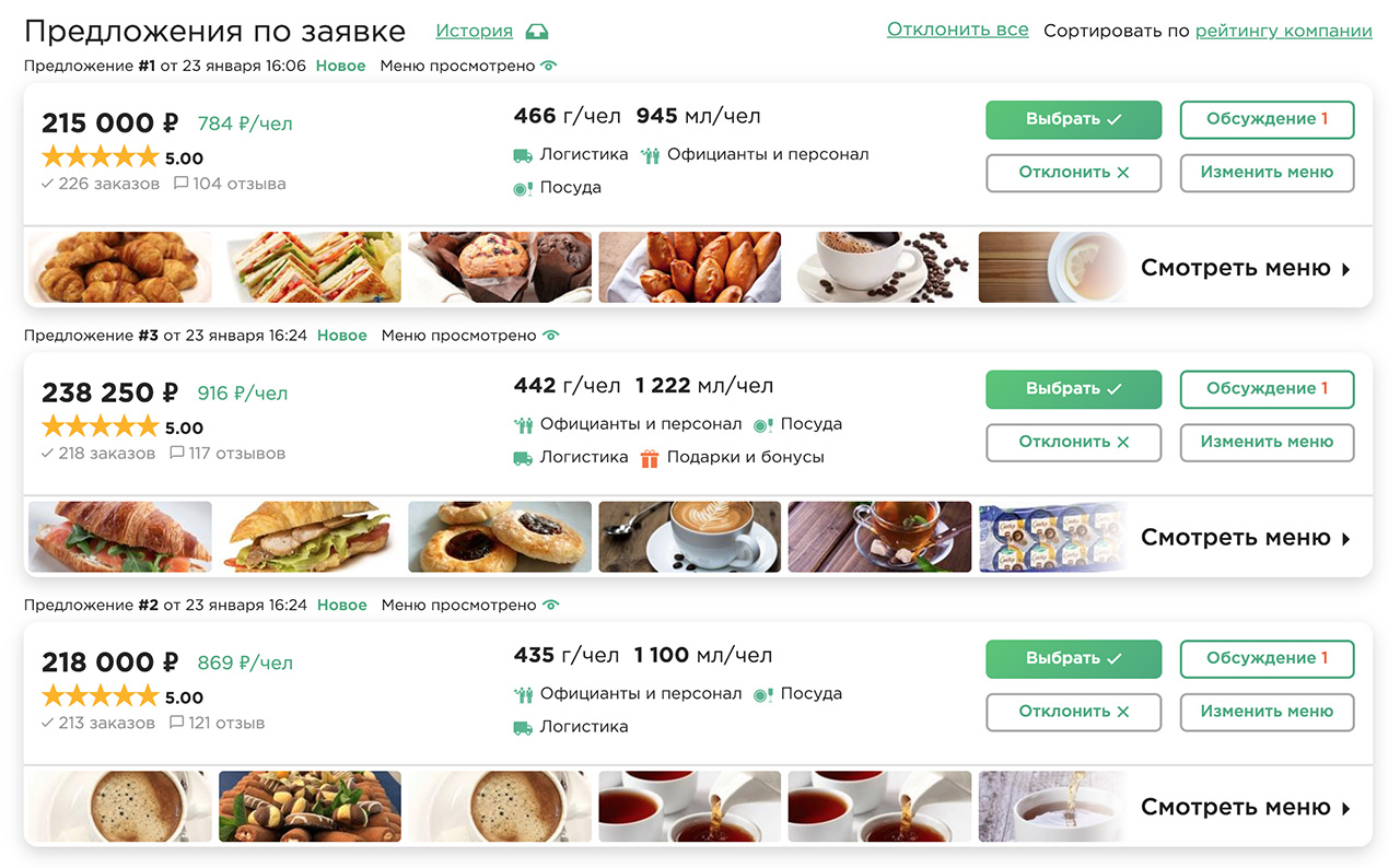 Выбор предложения по заказу на кейтеринг