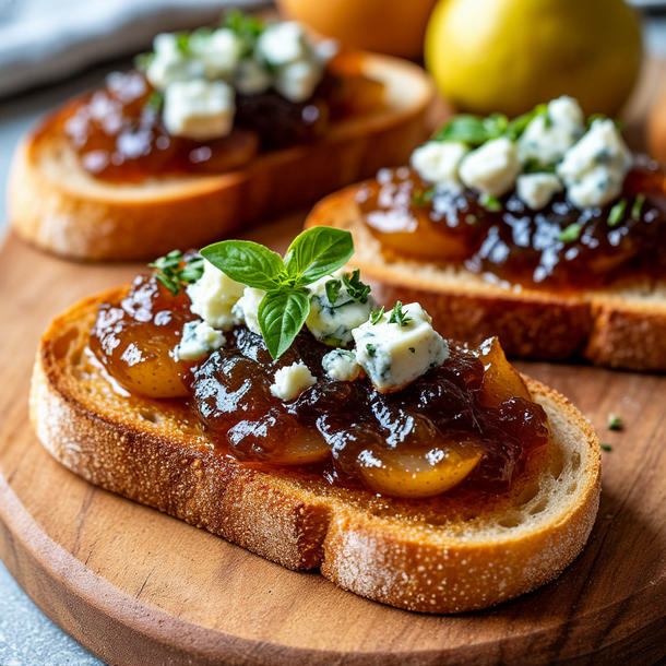 Брускетта с конфитюром из груш и соусом блю чиз