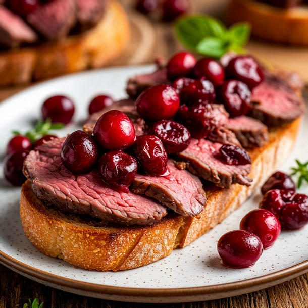 Брускетта с ростбифом и брусникой