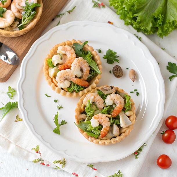 Тарталетка с салатом из креветок и грибов