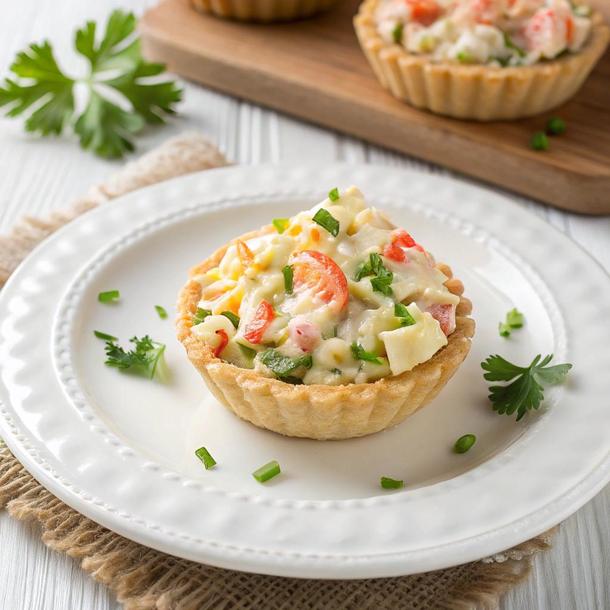 Тарталетка с крабовым салатом с яйцом и сыром Тарталетка с крабовым салатом с яйцом и сыром