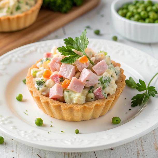 Тарталетка с оливье с ветчиной