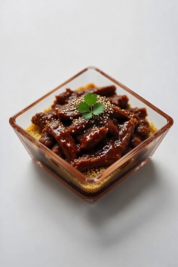 Рваная говядина с кускусом и соусом Деми глаз Рваная говядина с кускусом и соусом Деми глаз